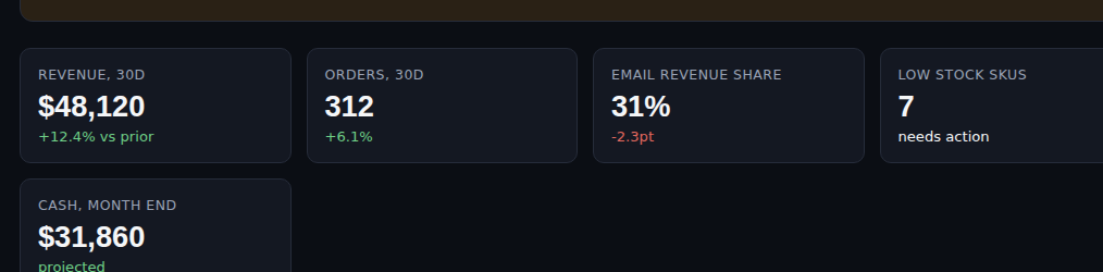 Example performance cards showing revenue, orders, email revenue share, low-stock SKUs and cash projection